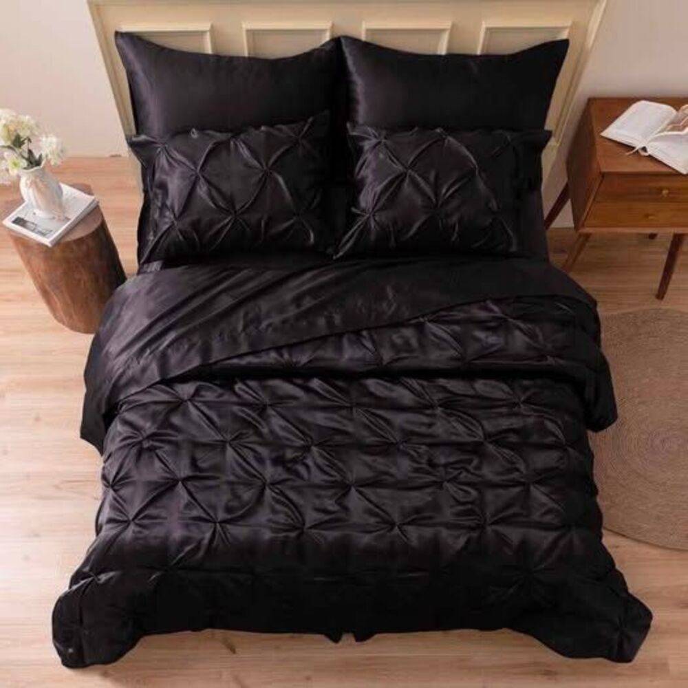 MR&HM Black Satin Comforter, pillow cases, shams and sheets set-Cali King- 7 Pcs